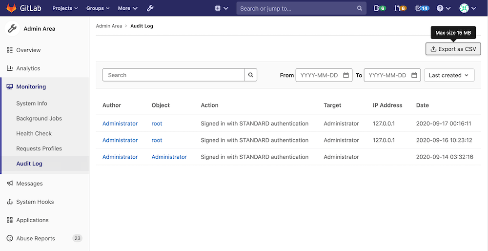 Audit events · Administration · Help · GitLab